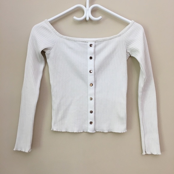 BERSHKA White Off The Shoulder Ribbed Lettuce Hem Long Sleeve Top Women’s XS - Picture 1 of 5